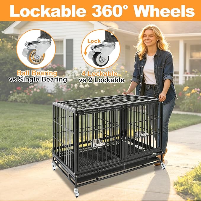 Homey Pet 43 Inch Stackable Heavy Duty Dog Crate Cage Kennel with Lockable Wheels, Removable Tray & Grid, Divider, Feeding Bowls, Escape Proof Drop Cage Bank for Small Medium Large Sized Dogs(3 Tiers)