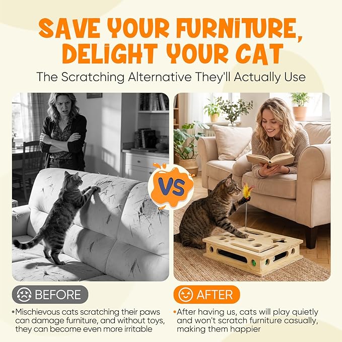 SENNOVI Extra Large Cat Toys for Indoor Cats, Wooden Puzzle Feeder & Scratcher Box, Interactive Enrichment Activity Center with Sandpaper Nail Trimmer, Boredom Buster for Multi Cat Households