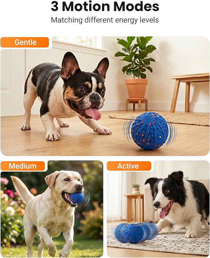 Interactive Dog Toys with Teeth-Friendly Bumps, 3 Modes, ETPU Material, IP67 Waterproof, Rechargeable Dog Ball, Automatic Rolling Ball Dog Toy to Keep Them Busy