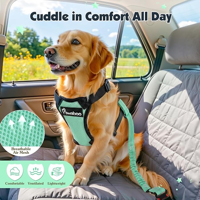 Pawaboo Dog Seat Belt Harness for Car, Dog Car Harness Seatbelt with Double Clips, Adjustable Breathable Pet Vest & Dogs Safety Tether with Elastic Bungee for Small Medium Large Pet, L, Blue + Black