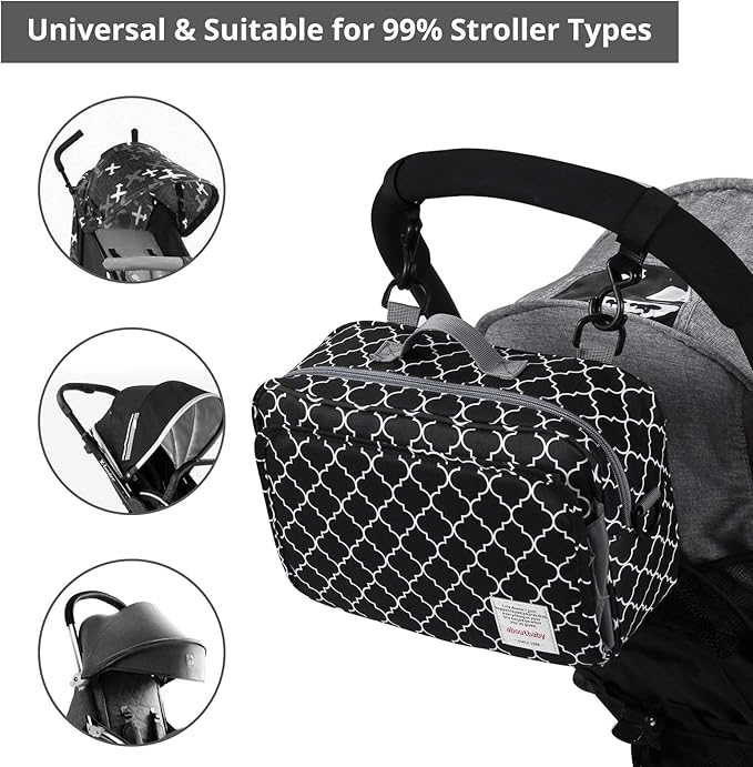 GOGOSO Small Diaper Bag, Mini Stroller Organizer Accessory with Wipe Pockets Caddy Parent Console with Hook Fit All Strollers, Black