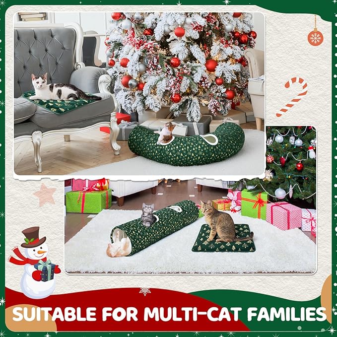 Thyle 2 Pcs Christmas Cat Tunnel for Indoor Cats & Self Warming Pet Bed, 49 ×12 Inch Green Straight Collapsible Pet Tube with Plush Inside Include Balls Peek Hole Xmas Tree Snowflakes Self Heating Mat