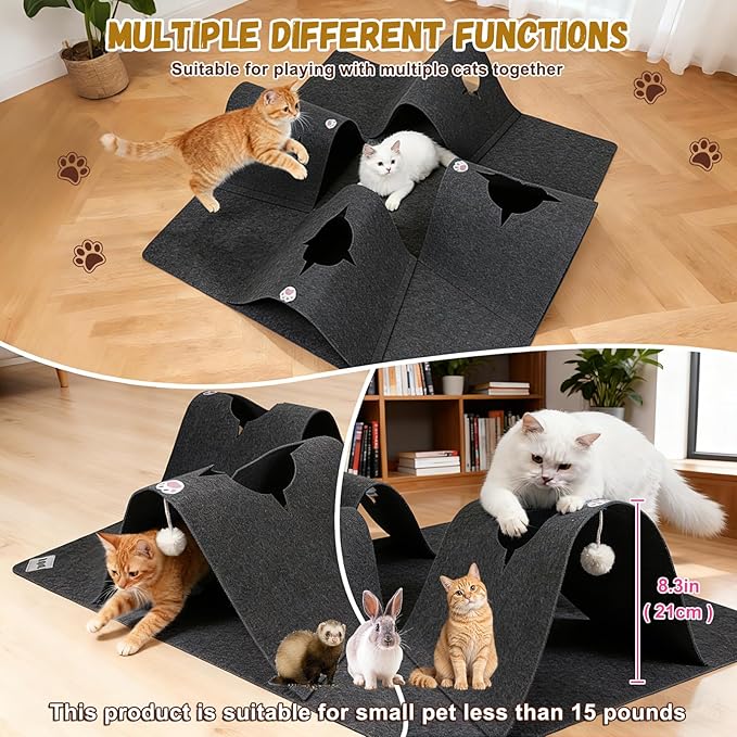Cat Tunnel Play Mat for Indoor Cats, Felt Interactive Pet Toy with Hidden Ball, Enrichment Activity Rug, Collapsible Cave for Kittens & Small Pets (Dark Gray)