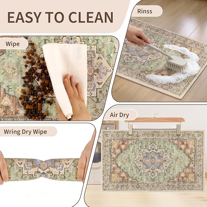 Boho Dog Feeding Mat, Absorbent Cat Matt for Food, Non Slip Pet Water Bowl Placemat Small for Floor, Olive Green & Rust & Bright Blue Indoor Dog Eating Dish Mat 12"x20"