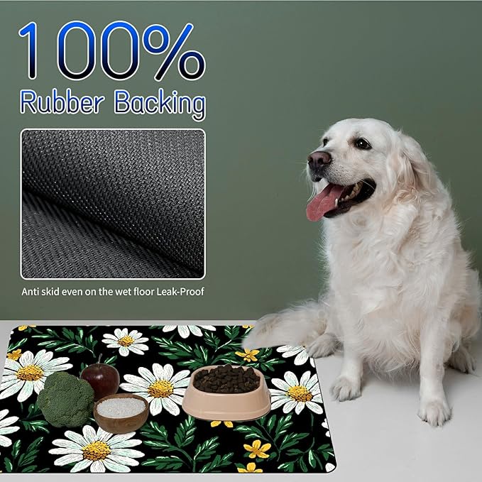 Dog Food Mat, 15.7" x 23.6" Absorbent Pet Feeding Mat for Food and Water, Waterproof Diatom Mud Pet Placemat with Non-Slip Rubber Backing, Cat Bowl Mat for Floors - White Daisy Green