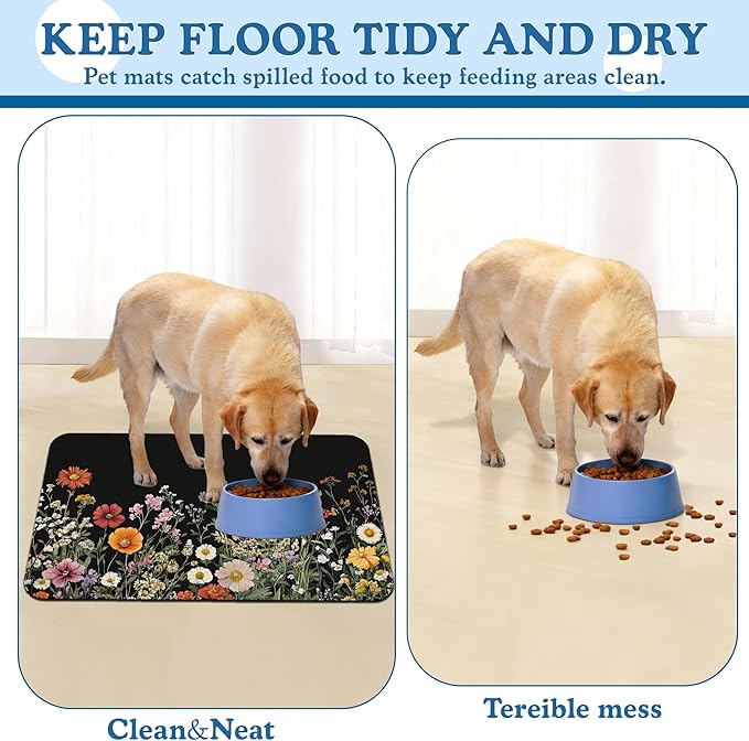 Vintage Wild Herbs Dog Cat Food Mat–Absorbent Waterproof Placemat for Food and Water Bowls, Non Slip Rubber Backing, Feeding Mat for Clean Floors 16"x24"