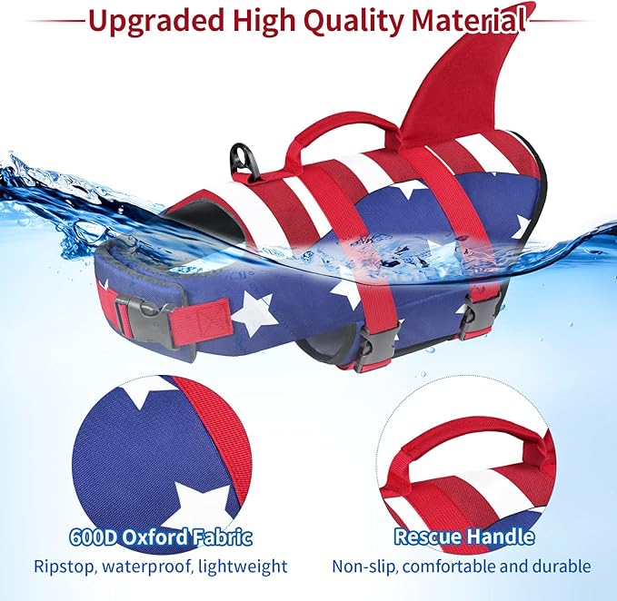 Malier Dog Life Jacket, Ripstop American Flag Dog Life Vest for Swimming Boating, Shark Puppy Lifesaver with High Buoyancy Swimsuit for Small Medium and Large Dogs (X-Large)