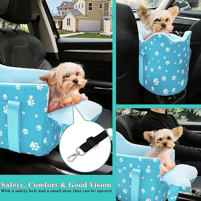 Center Console Dog Car Seat for Small Dogs Under 15lbs,Detachable Washable Booster Pet Car Seat Travel Bed with Storage Pockets and Seat Belt(Blue)
