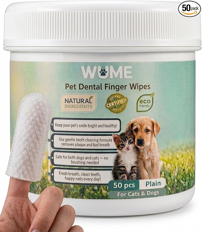 WUME Pet Dental Finger Wipes for Dogs & Cats Vet-Inspired Teeth Cleaning Wipes, Toothbrush Alternative, Gentle, Alcohol-Free, Disposable, 50 Counts