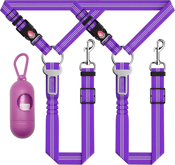 Seyezo 3-Piece Dog Car Harness Set - Retractable, Adjustable, Reflective Dog Seatbelt for Vehicle Headrests, Heavy Duty & High Elastic, Purple