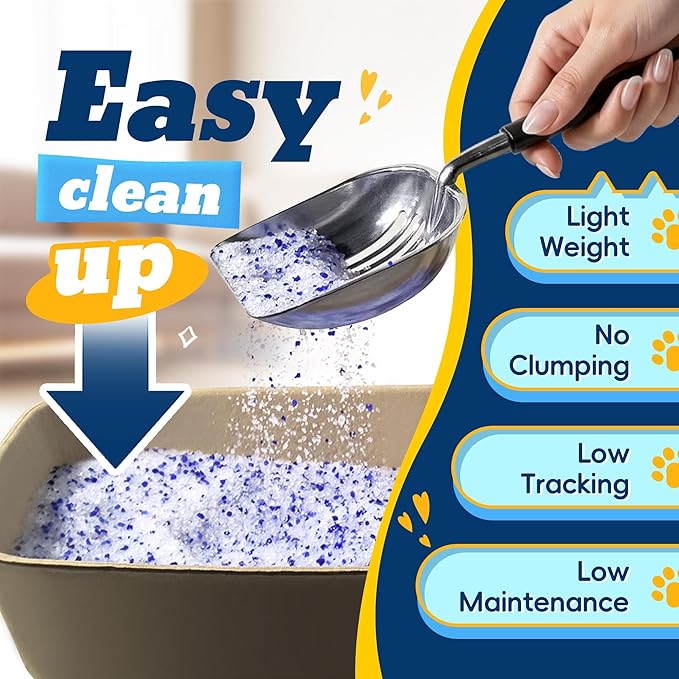 LMJP Crystal Cat Litter with Powerful Odor Control, Non-Clumping, Lasts Up to 6 Months, 24lb, Rapid Water Absorption, Unscented & Low Tracking Lightweight Blue & White Silica, 3 Pack of 8 lb