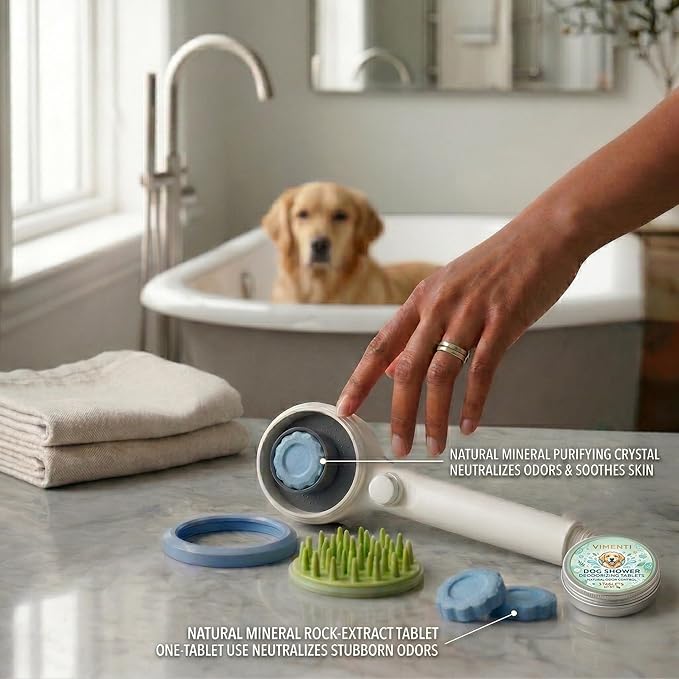 Dog Shower Sprayer Kit with Natural Odor-Eliminating Crystals, Pet Bathing Tool with Massage Brush, Easy ON/OFF Switch, 8.2ft Flexible Silicone Hose, Brass Diverter, Lick Mat & Clog-Free Drain
