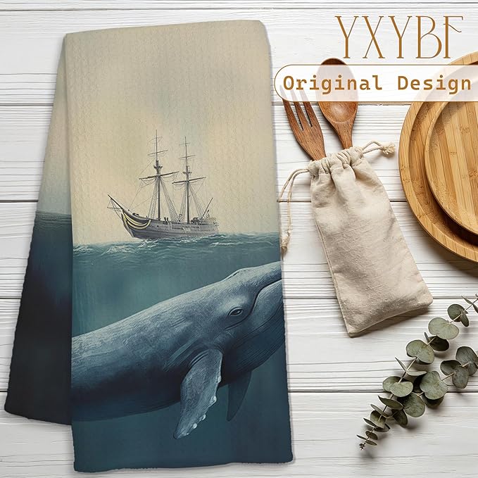 Vintage Nautical Hand Dish Tea Towels for Kitchen Bathroom Decor 16x24 Inches, Whale Lover Gifts, Coastal Ocean Blue Whale Sailing Kitchen Towels Decorative