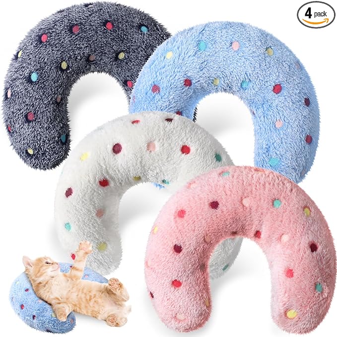 Sweetude 4 Pcs Pillows for Cats Puppy Bed Fluffy Pet Calming Soft Gifts Half Donut U Shaped Pet Neck Pillow Training Joint Relief Cervical Protection(Polka Dot,Medium)