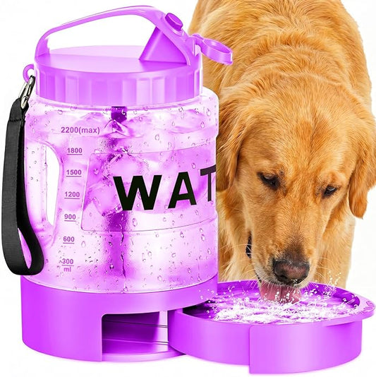 77oz Dog Water Dispenser, 2.2L Large Portable Dog Water Bottle with Pull-Out Drinking Bowl, BPA Free Leak-Proof Pet Travel Water Container for Camping, Hiking, Beach, Car Travel Essentials- Purple