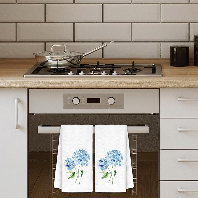 Light Blue Hydrangea Flowers Floral Kitchen Towels Set of 2 - Flowers Decorative Hand Towels for Bathroom, Light Blue Hydrangea Decor Dish Towels for Kitchen, Floral Hand Towels, 16x24 in