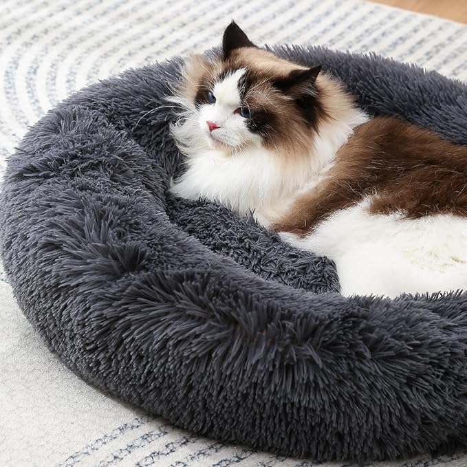 Cat Bed Small Dog Bed for Indoor Cats, Self-Warming Ultra-Soft Plush Calming Kitten Bed, Rabbit Pillow Pet Beds Non-Slip Machine Washable Dark Gray 17.5" Up to 10lbs
