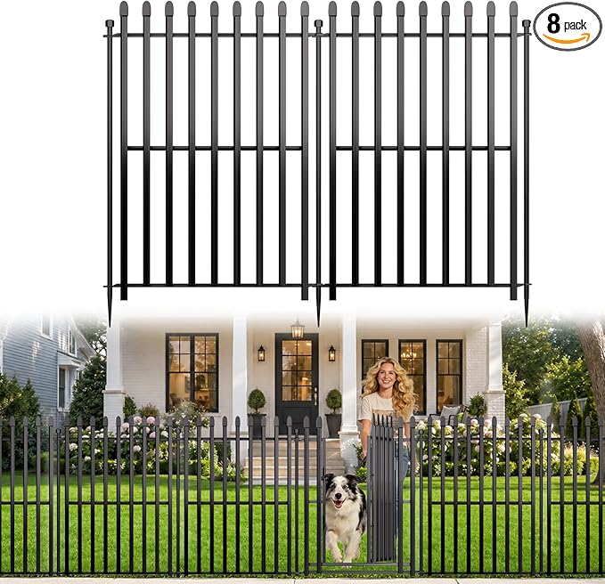 8 Panels No Dig Decorative Garden Fence with Gate, 48in(H) × 17.6ft(L) Heavy-Duty Rustproof Metal Panels, Outdoor Dog Barrier for Yard & Patio, Landscape, Border| Portable Temporary Fencing