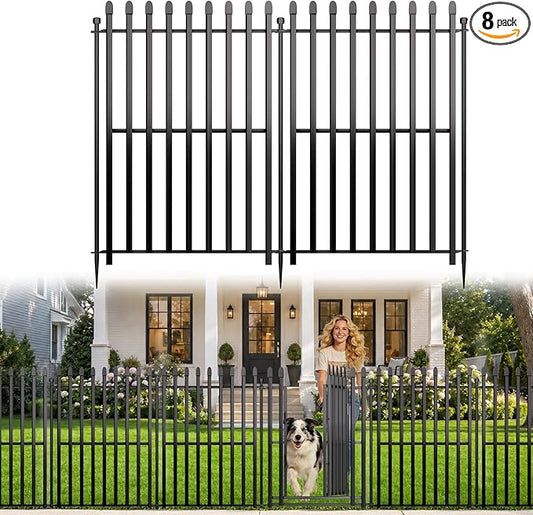 8 Panels No Dig Decorative Garden Fence with Gate, 48in(H) × 17.6ft(L) Heavy-Duty Rustproof Metal Panels, Outdoor Dog Barrier for Yard & Patio, Landscape, Border| Portable Temporary Fencing