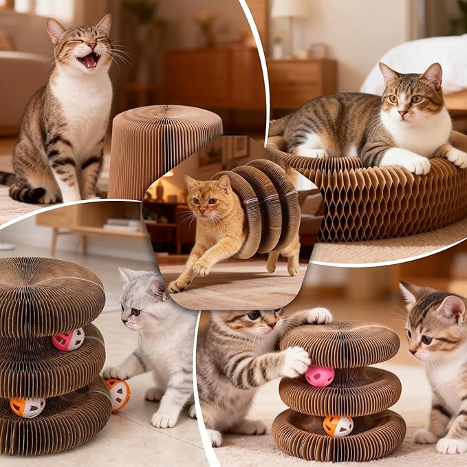 Upgraded Double Layer Accordion Cardboard Cat Toy, 2 Pack Connectable Magic Organ Cardboard Cat Scratcher with Cat Toy Ball Track for Kitten Kitty, Interactive Cats Ball Toy for Indoor Cats