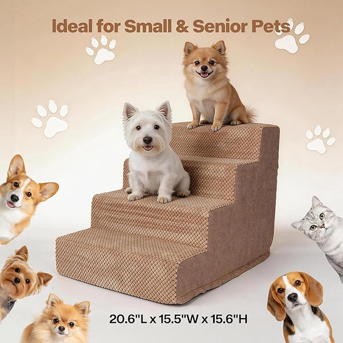 Pawise 4 Step Dog Stairs for Small Dogs Cats, Brown Mesh Pet Steps, Non-Slip Pet Stairs for High Bed Couch, Indoor Portable Dog Ramp with Zipper Bottom for Medium Large Dogs and Puppy