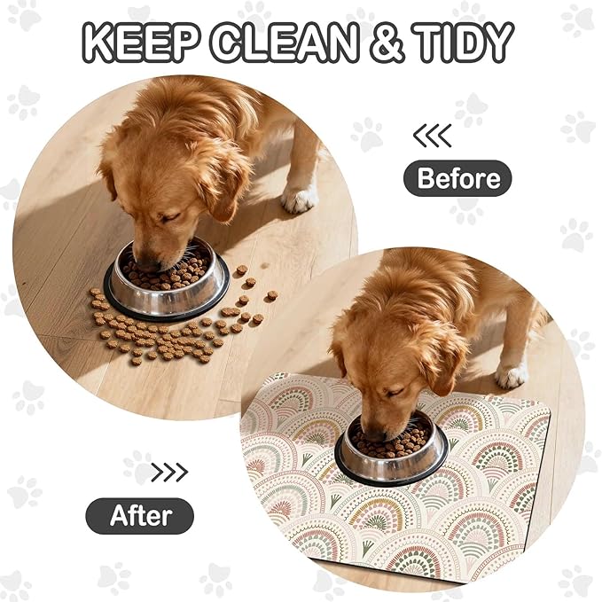 Dog Food Mat for Pet Cat Food Mat, Boho Absorbent Quick Dry Dog Bowl Mats for Food and Water, Non-Slip Cat Pet Feeding Mats for Floor Placemats 12"x20"