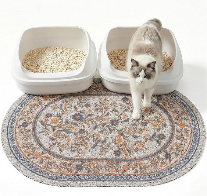 Bienbee Cat Litter Mat, 33" x 22" Large Size Litter Box Mat Rug with Non-Slip Bottom,Urine and Water Proof, Easy to Clean Cat Supplies Essentials for Indoor Kitty Kitten Floor,White Flowers L
