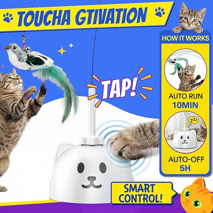 CATPICK Interactive Cat Toys for Indoor Cats - Automatic Flying Bird Feather Toy, Rechargeable Electric Cat Wand with Sticky Suction Base, Smart Motion Activated Self-Play Enrichment Toy for Bored Cat