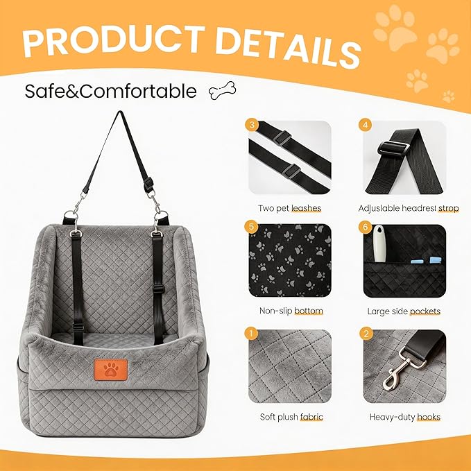 Dog Booster Car Seat for Small to Medium Dogs Up to 35 lbs, Elevated Pet Car Seat with 2 Safety Belts, Detachable Washable Cover, Non-Slip Stable Base, Front/Back Seat Travel Booster