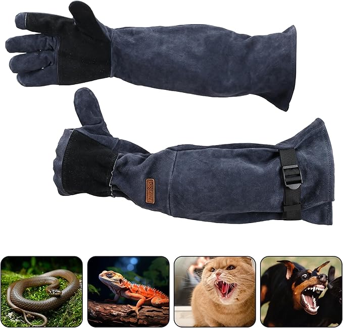 23.6 In Leather Welding Gloves - Pet Glove for Grabbing Reptile，Bite Resistant, Bite Proof, Safety Grooming for Dog Cat Reptiles, Snakes, Features an Adjustable Strap (Blue-gray)