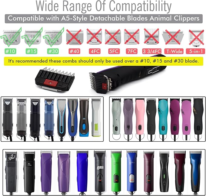 Professional A5-Style Animal Clipper Stainless Steel Color-Coded Snap-on Attachment Guard Guide Comb, 1/8"-1" Compatible with Wahl KM Series Oster A5 Andis Detachable Blade Pet Dog Groomers (#1-1/8")
