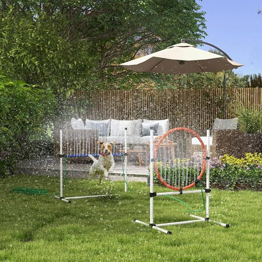 3 Piece Dog Agility Training Equipment Set with Adjustable Height Jumping Ring and Hurdle, Spray Water Tube, Carry Bag, Whistle, Dog Obstacle Course for Outdoor,Park,Backyard,Garden (White, 3 Piece)