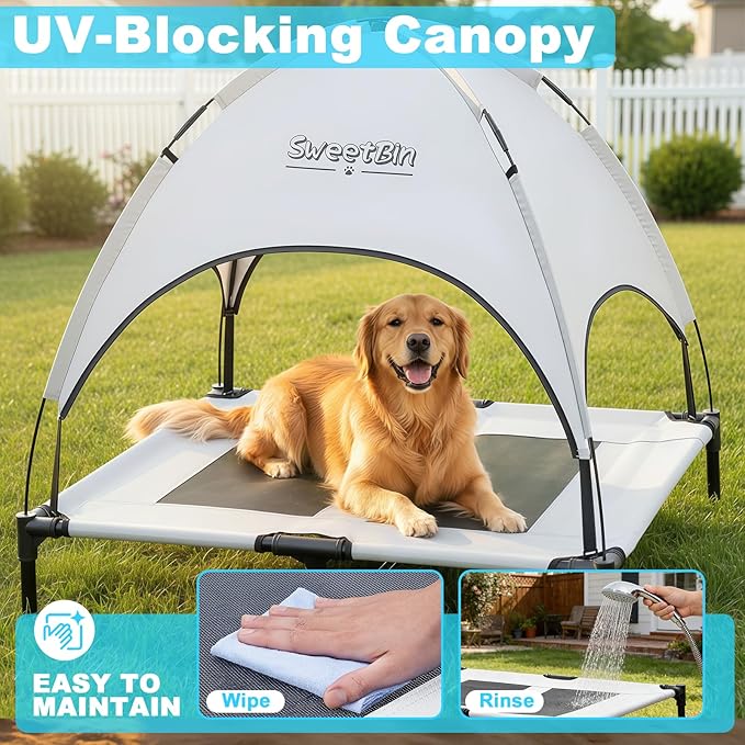S/M/L Outdoor Raised Dog Cot with Canopy & Side Shade - Portable Cooling Elevated Dog Bed for Camping Beach (with Carry Bag)