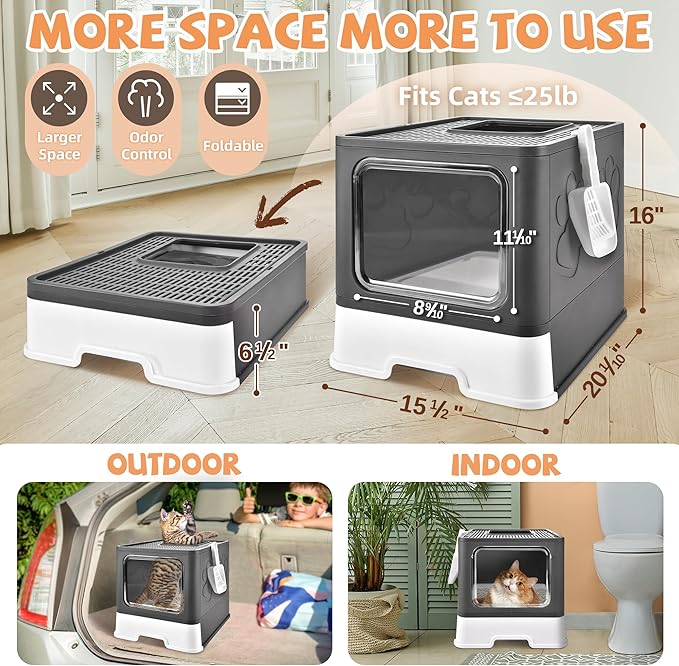 Covered Cat Litter Box with Litter Mat, Foldable Extra Large Dual Entry Adjustable Door, Drawer Design Enclosed Kitty Litter Box, Odor Control Anti-Splashing Easy Cleaning (Dark Grey)