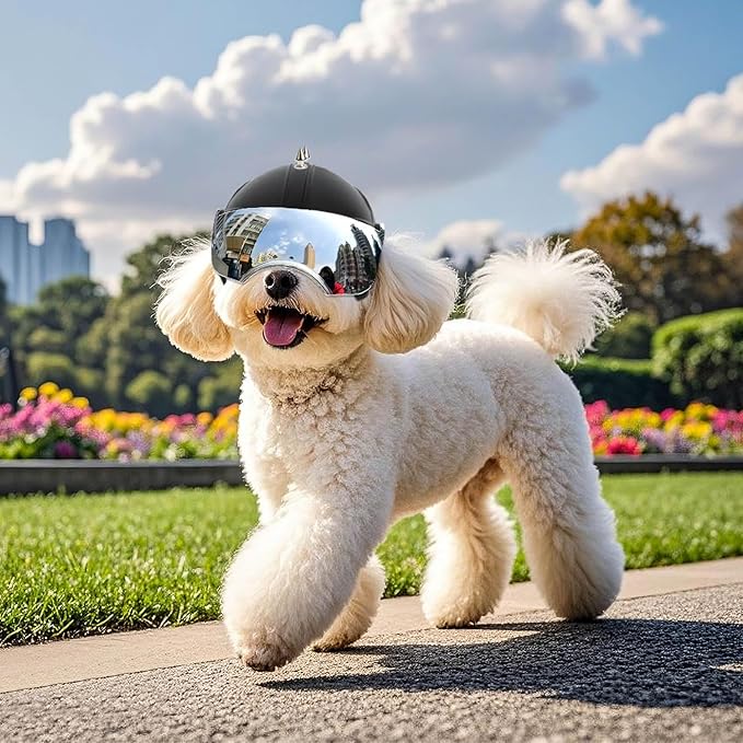 Small Dog Helmet, Pet Motorcycle Helmet with Ear Holes, Adjustable Pet Safety Hat with Flip-Up Silver Visor, Small-Medium Puppy Heads Protection, Spiked