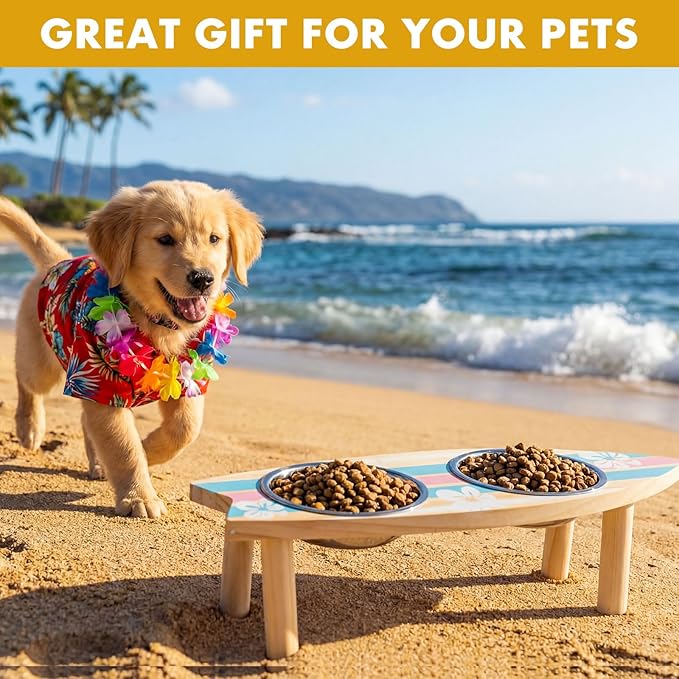 Elevated Puppy Bowls Raised Cat Bowl Holder, 17" x 4.3" Stand Sturdy Surfboard Pet Feeder with Two Detachable Stainless Steel Bowls Suitable for Cats Kittens Puppies