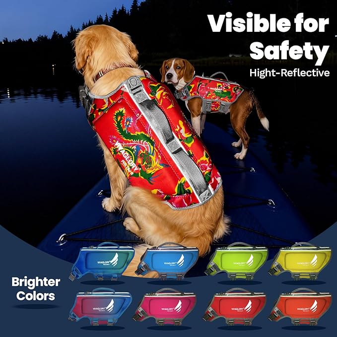 VIVAGLORY High Buoyancy Dog Life Vest, Swimming Vest with Handle, Dog Life Jacket for Swimming & Boating, Buoyancy for Puppy Doggy, XL, Northeast Florals-Red