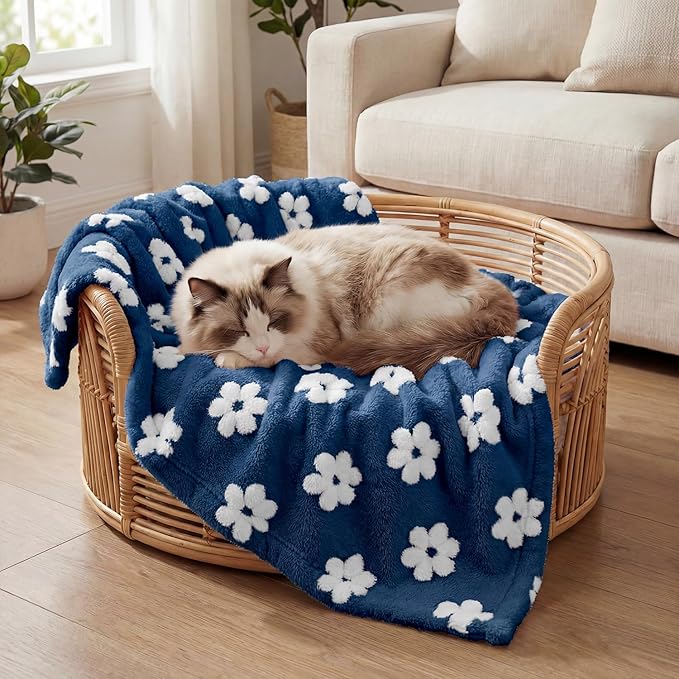 Horaldaily Pets Flannel Blanket, Navy Blue Flowers 3D Textured Soft Fuzzy Fluffy Plush Cozy Fleece Premium Blankets for Dog Cat Puppy Kitten Couch Protection, 20x30