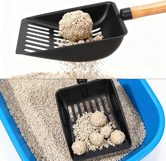Cat Litter Scoop, Metal Litter Scoop, Heavy Duty Metal Cat Scooper for Litter Box, Black Sifter Scoop for Pellets, Wooden Handle Scoop with Hole, Kitty Necessity (Cat Litter Scoop Short with Holder)