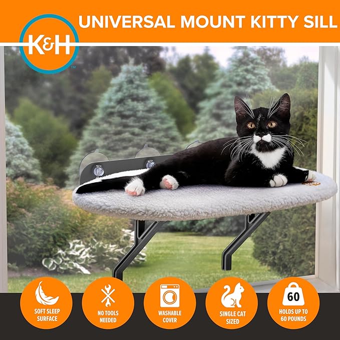K&H Pet Products Universal Mount Cat Window Perch Bed for Large Cats, Orthopedic Window Hammock Holds 60 lbs, Sturdy Suction Cups, Washable Cover, Indoor Windowsill Furniture Bed - 14 X 24in Fleece