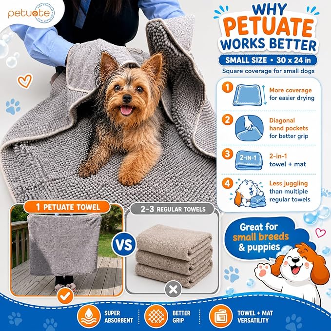 Pet 2-in-1 Dog Towel & Mat – Transforms from Drying to Bath Mat, Ultra Soft, Absorbent & Quick-Drying, Machine Washable Dog Towels with Detachable Non-Slip Mat and Hand Pockets (Small)