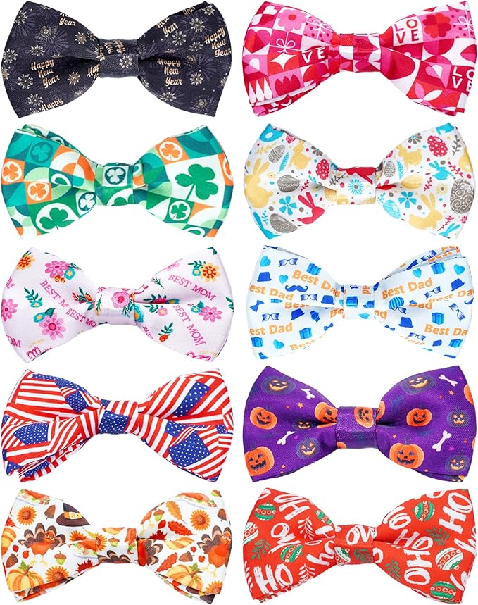 PET SHOW 10 Pack Holiday Small Dog Bow Ties Sliding Collar Attachments Puppy Cats Festival Patterns Bowties for Medium Dogs Classy Bowknots Party Wedding Pet Grooming Accessories(Small)