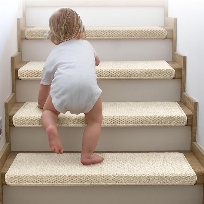 Brakki Bullnose Carpet Stair Treads, Stair Treads for Wooden Steps Indoor Runner and Pets, Non Slip Soft Edging Staircase Protectors, Washable, 29.5"x9.5"x1.5" 14pcs, Cream White