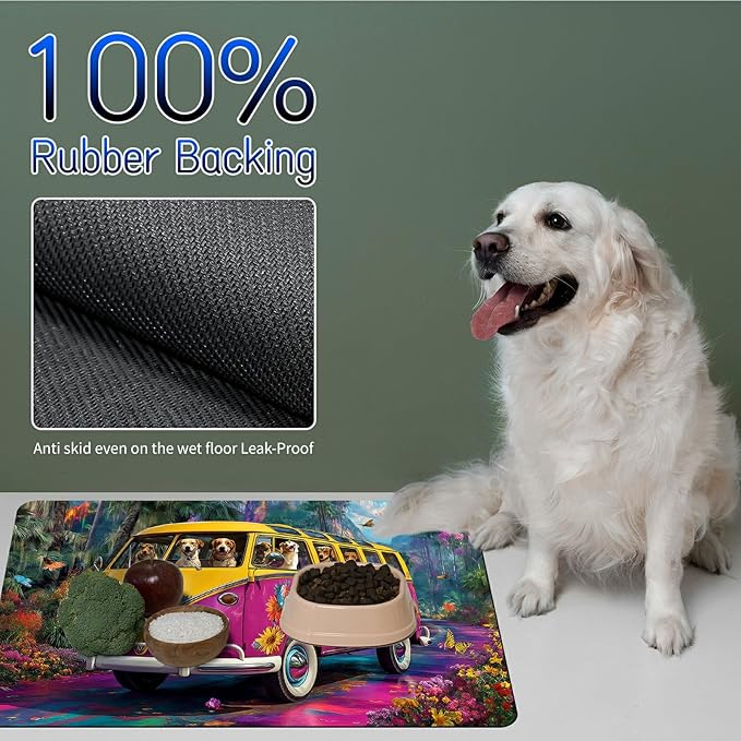 Dog Food Mat, 15.7" x 23.6" Absorbent Pet Feeding Mat for Food and Water, Waterproof Diatom Mud Pet Placemat with Non-Slip Rubber Backing, Easy Clean Cat Bowl Mat for Floors - Pink Car Forest
