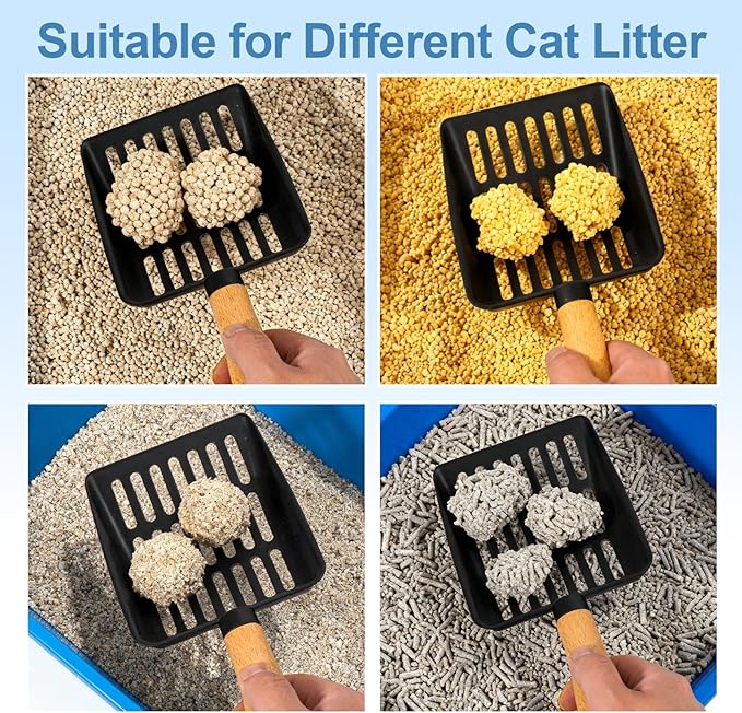 Cat Litter Scoop, Metal Litter Scoop, Heavy Duty Metal Cat Scooper for Litter Box, Black Sifter Scoop for Pellets, Wooden Handle Scoop with Hole, Kitty Necessity (Cat Litter Scoop Short with Holder)