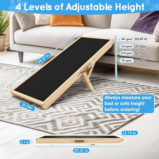 Dog Ramp for Couch with Non-Slip Silicone Mat, 39" Wooden Pet Ramps for Small Dogs, Hold up to 100lb, Adjustable Height from 11.41" to 20.47", Portable Stable Pet Step for Sofa Stairs