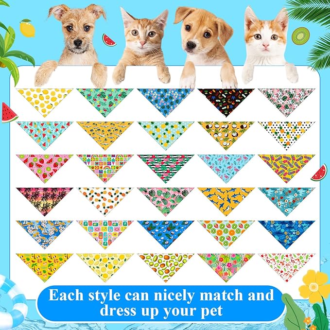 Sanwuta 120 Pcs Summer Bandanas for Dogs Bulk Hawaiian Beach Triangle Dog Bandana Washable Pet Scarves Adjustable Bibs for Small and Medium Pets, 30 Styles(Fruit)