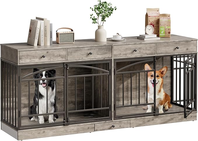 GarveeHome Dog Crate Furniture for 2 Dogs, Dog Kennel Indoor with 4 Storage Drawers and Feeding Bowls, Double Dog Crate TV Stand for Small Medium Dogs, Grey