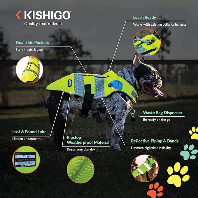 Reflective Dog Safety Vest, Harness and Collar Compatible, Waste Bag Holder, Water Resistant, Adjustable Neck and Chest, Day or Night Walking, High-Visibility Protection (Lime, S)
