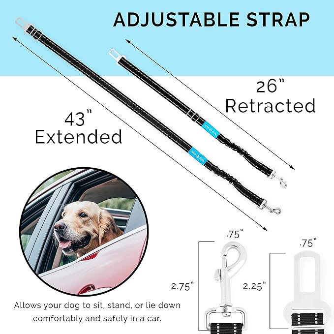 Duke & Dixie Dog Seat Belt Pet Dog Cat Car Seatbelt Safety - Adjustable Harness Safety Belts Pet Leash - Heavy Duty Nylon - Universal Fit (2 Pack Elastic Leash) (2 Pack Elastic seat BLT Leash)